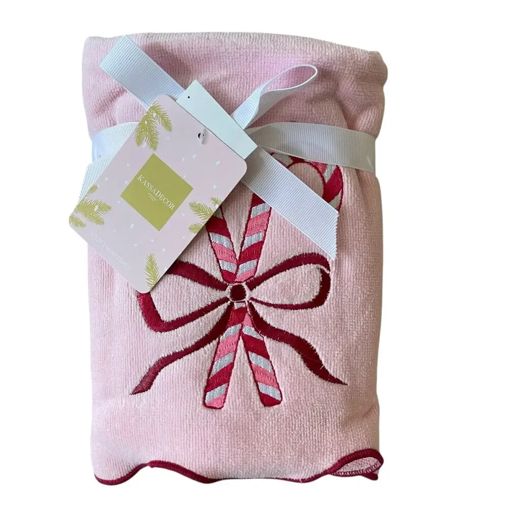 2pc Kassatex Christmas Hand Towels Candy Cane with Bow Cotton Holiday Pink NEW